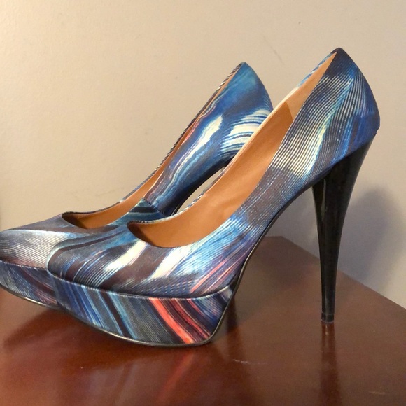 Like new blue & multi colored platform pumps. - Picture 3 of 5